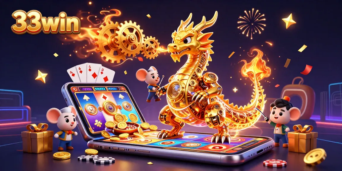 Experience the thrill of 33win with a golden dragon and vibrant gaming elements in a festive scene.