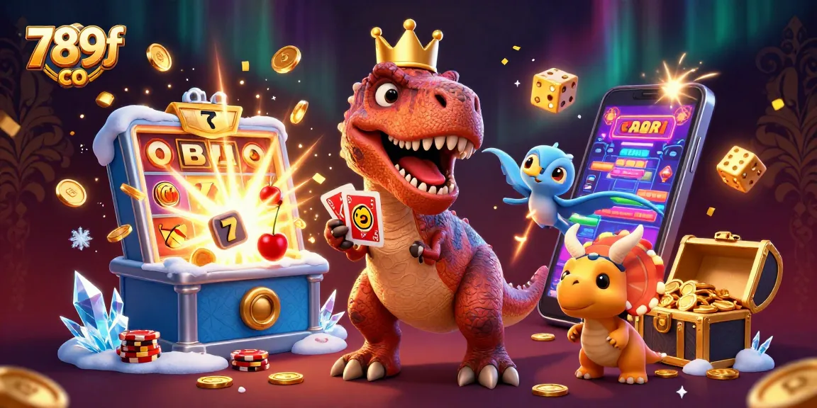 Experience the excitement of 789f co with a whimsical casino scene featuring playful dinosaurs in action.