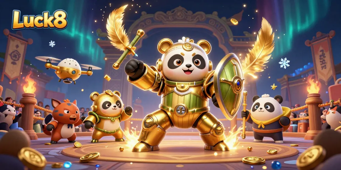 Engage in thrilling gameplay at Luck8 with a vibrant scene depicting a mech-suit panda in a dynamic casino arena.