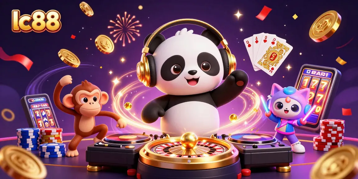 Experience vibrant gaming fun at lc 88 as DJ panda spins while coins and cards fly in celebration.