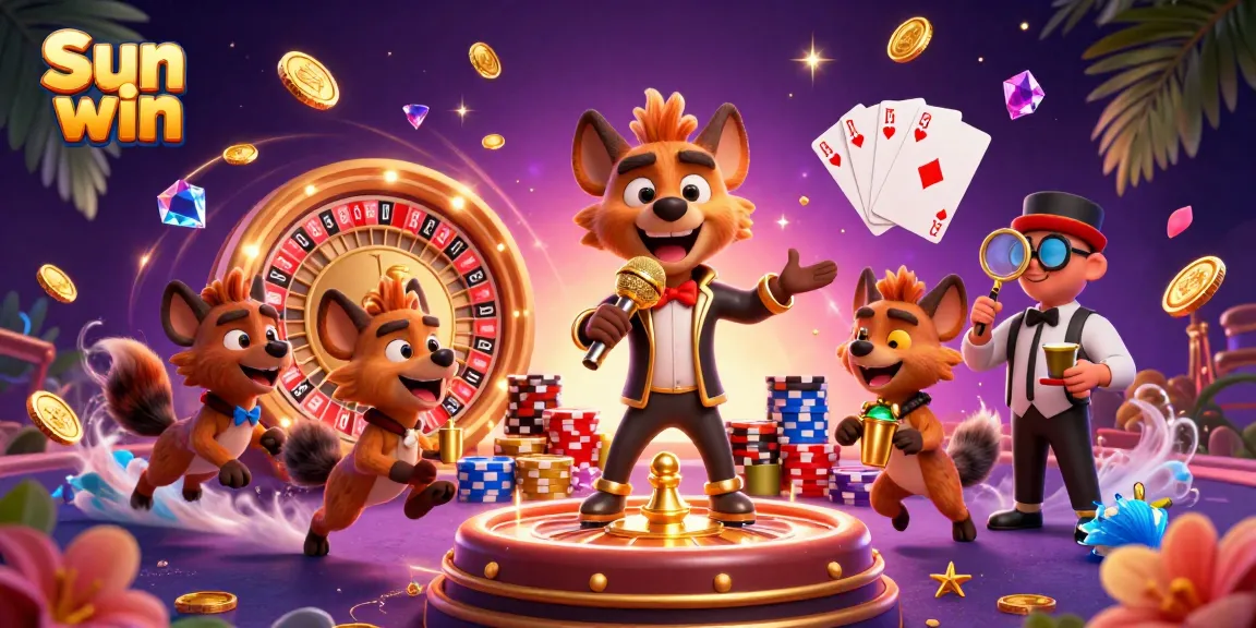 Win with Sun win's exciting casino games in a vibrant, animated hyena-themed illustration.