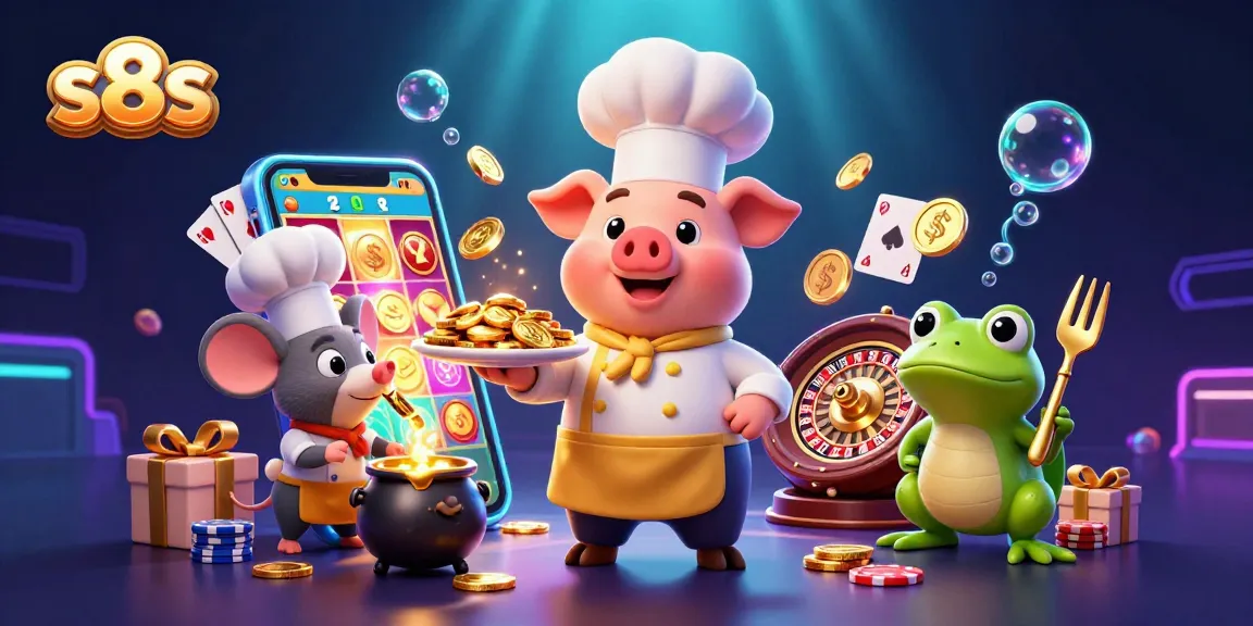 Experience thrilling gaming at S8s with vibrant coins, characters, and exciting casino elements.
