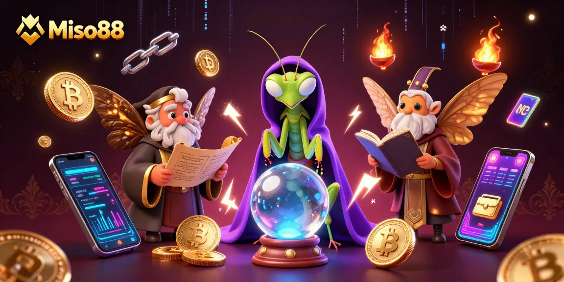 Miso88 fortune teller scene surrounded by vibrant crypto elements and casino motifs, showcasing thrilling gameplay.
