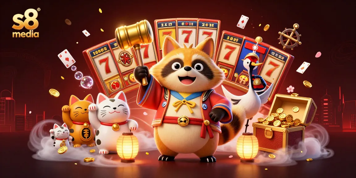 Experience the luck of s8 media with a vibrant scene of cheerful tanuki and fortune cats amid slot games.