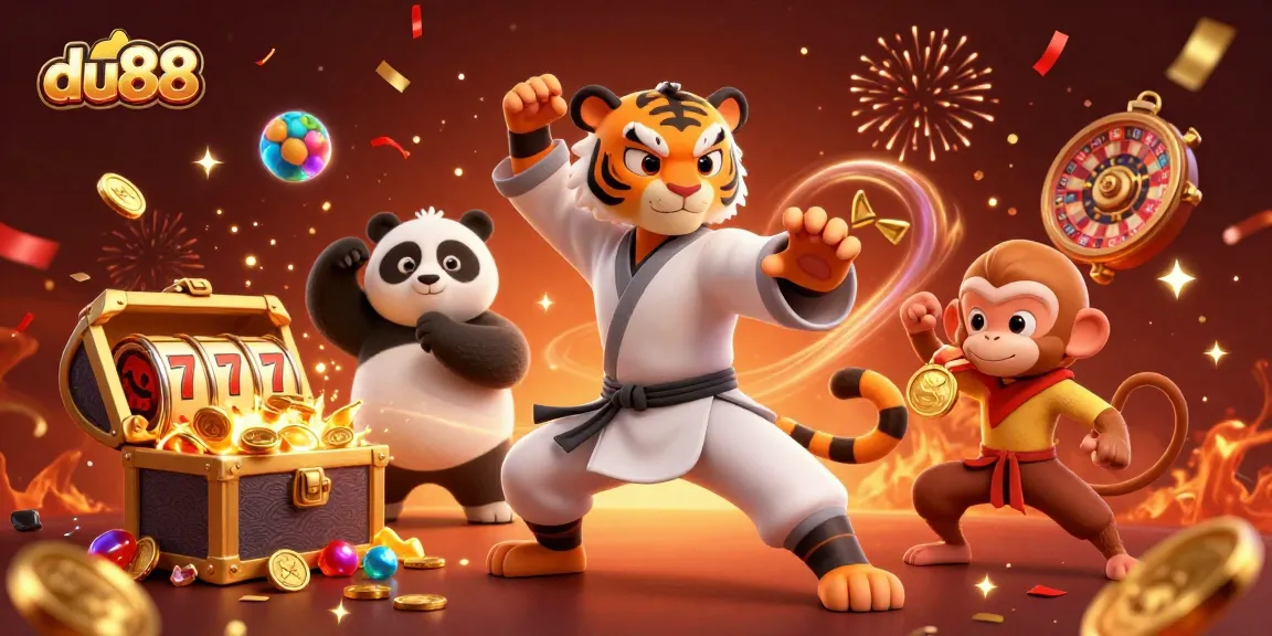 Join du88 in a thrilling casino adventure with kung fu characters amidst slot reels and vibrant visuals.
