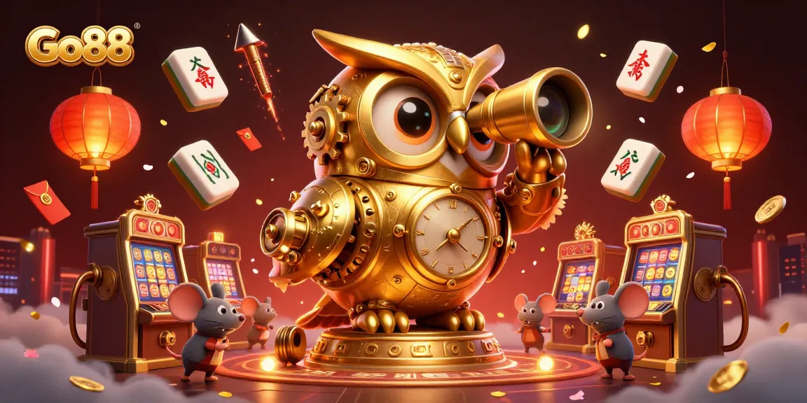 Engage with Go88's exciting casino ambiance featuring a golden owl and animated game elements.