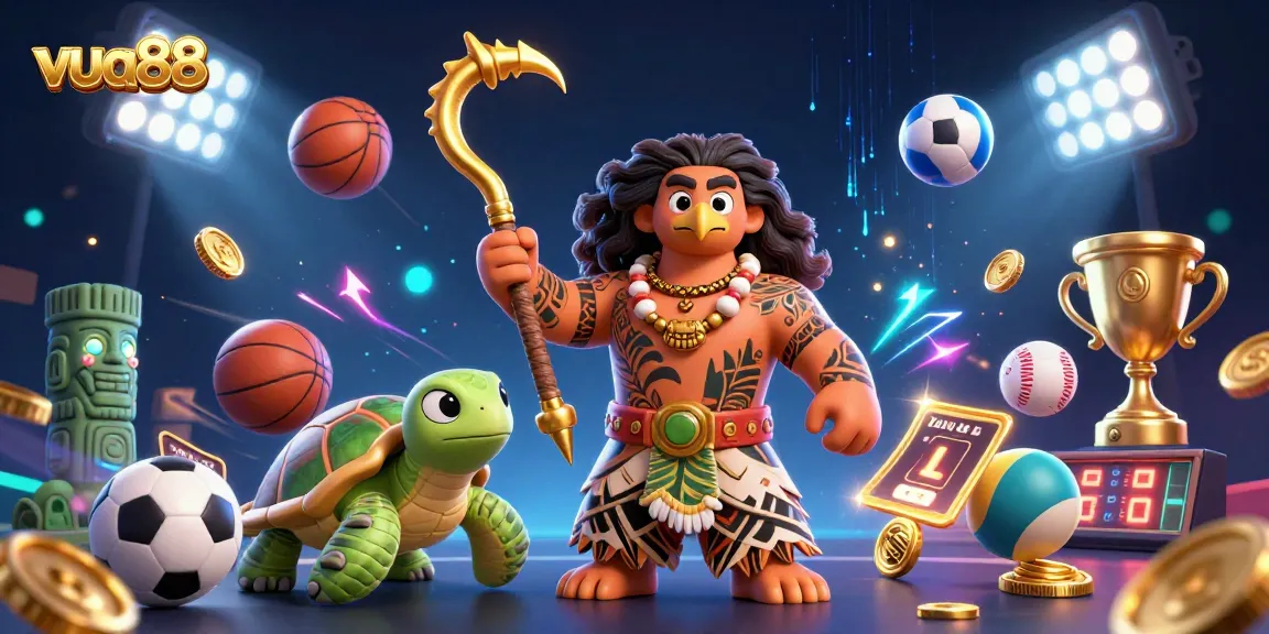 Engage with exciting sports betting at vua88, featuring Maui-style characters and dynamic gaming elements.