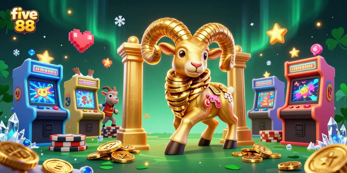 Engage with five 88's thrilling casino adventures featuring vibrant gaming elements and a golden ram symbol.