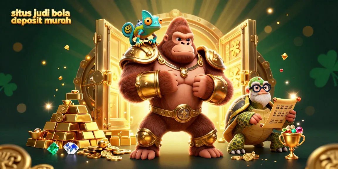 Bet on situs judi bola deposit murah with a dynamic 3D illustration featuring a gorilla king and treasure.