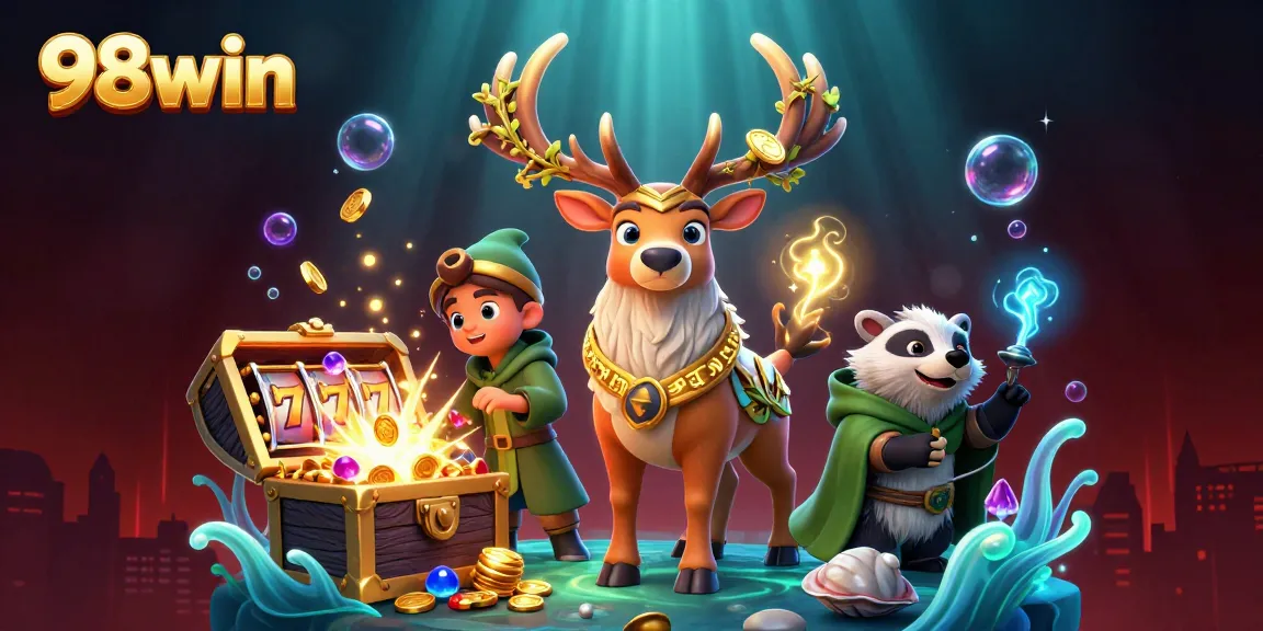 Experience thrilling moments with 98win at this vibrant online casino scene featuring fantasy creatures and rich gaming elements.