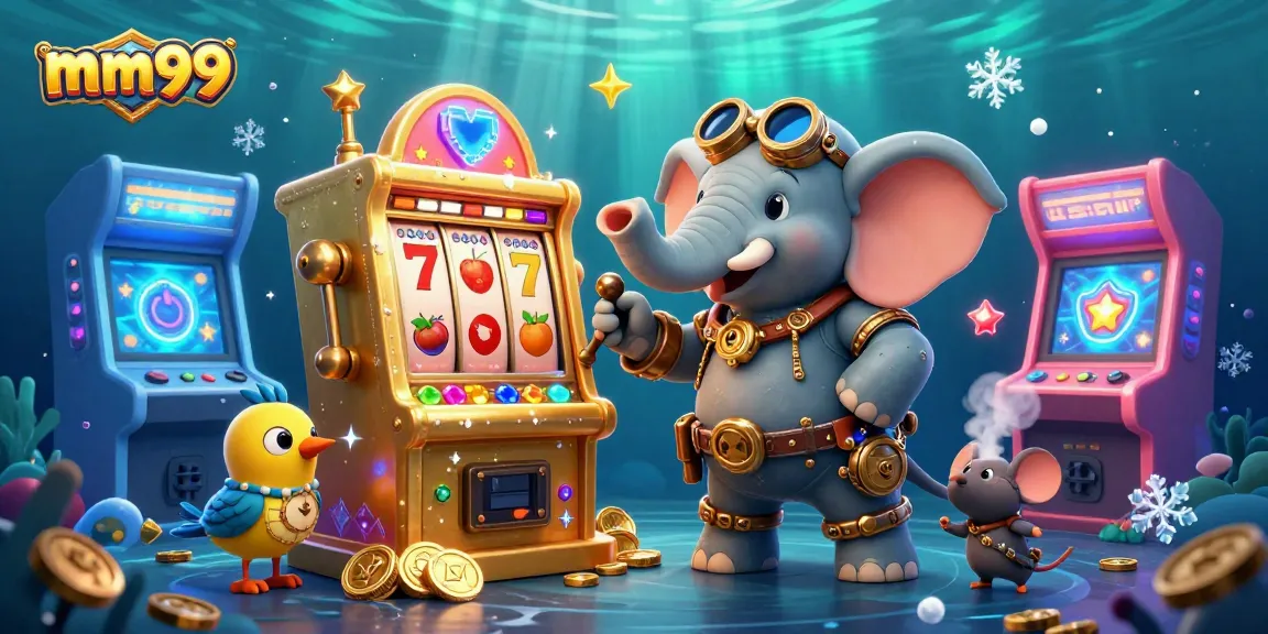 Engage with mm99 at the golden slot machine in a lively casino atmosphere with colorful animations.