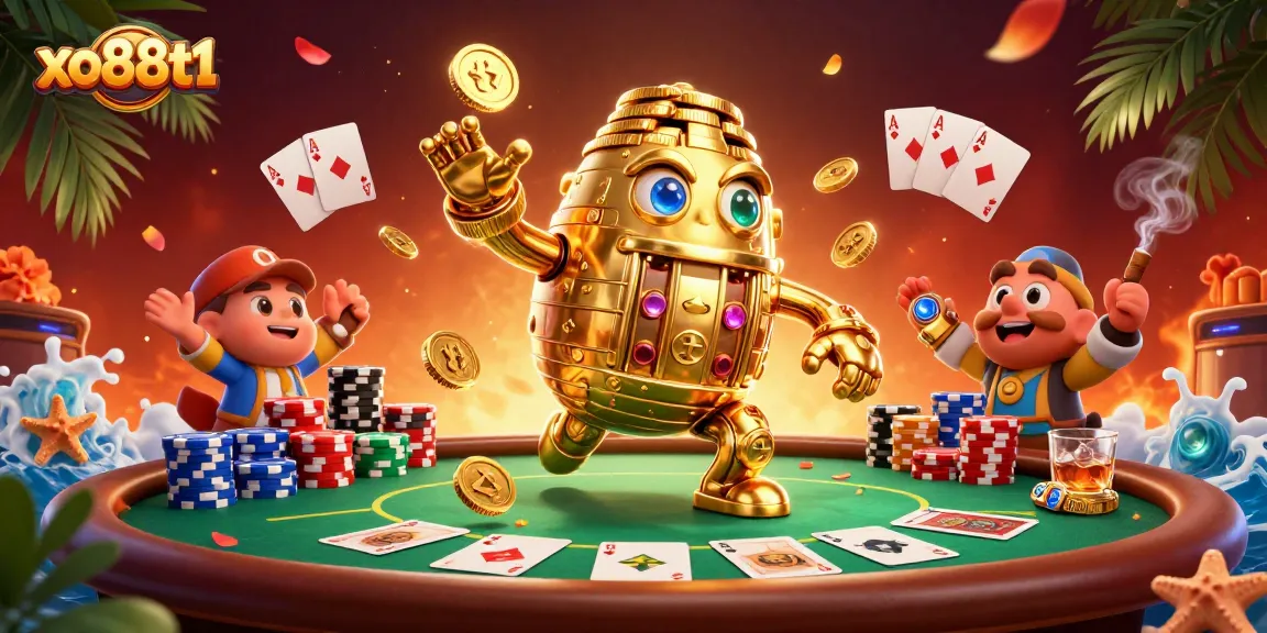 Engage with xo88t1's thrilling casino experience featuring an animated golden golem and poker elements.