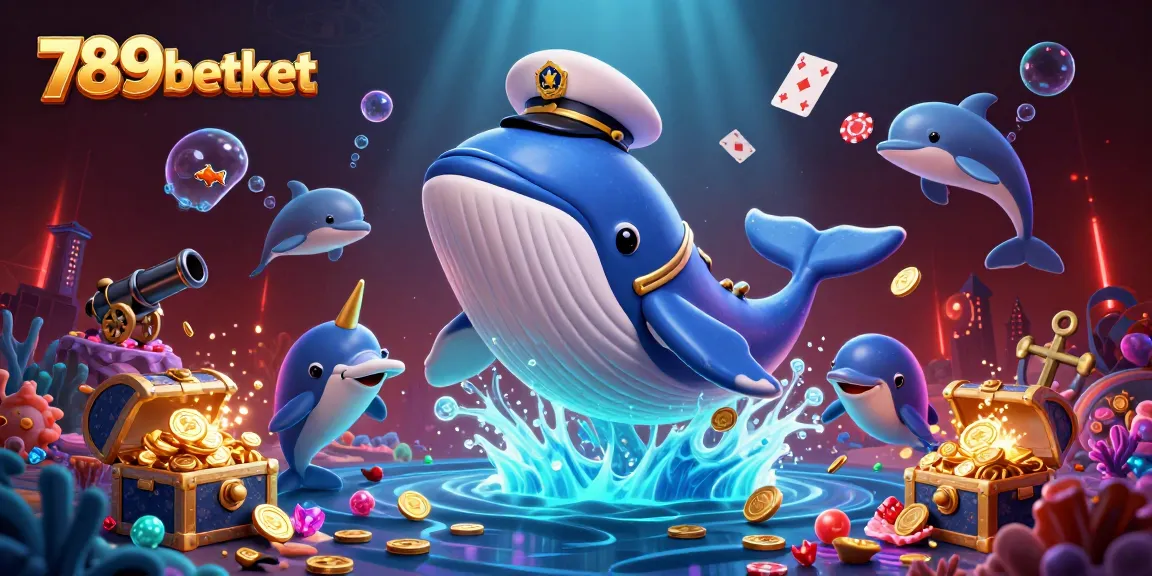 Join the fun with 789betket as a giant whale breaches through a treasure of casino coins.