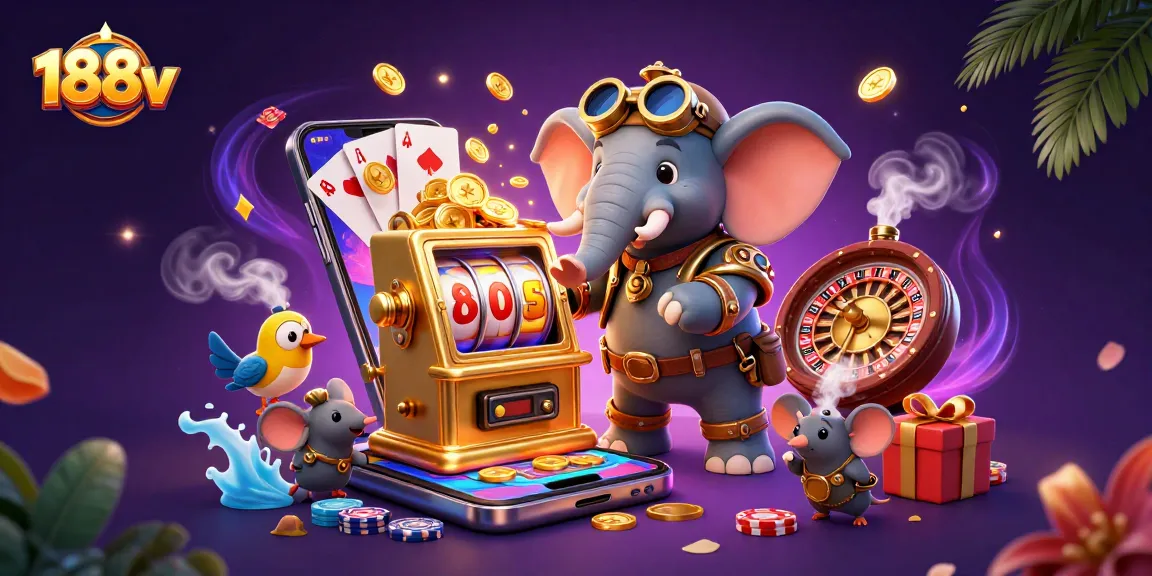 Engage with thrilling slot games at 188v, featuring a steampunk elephant and dynamic casino elements.
