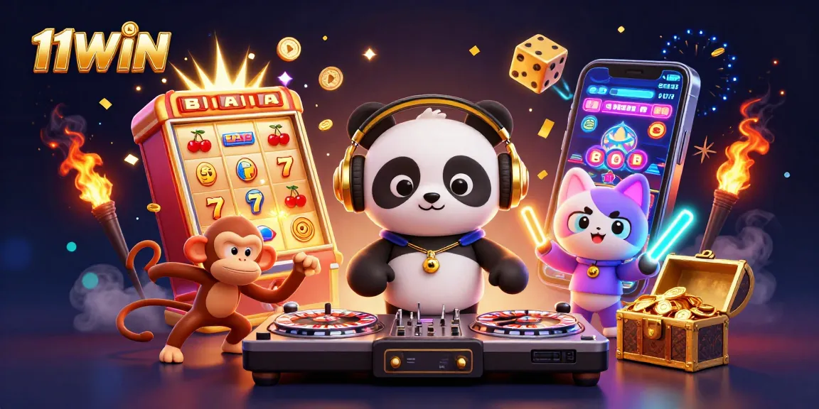 Experience 11WIN's vibrant gaming world with DJ panda and dancing characters amidst colorful slot visuals.