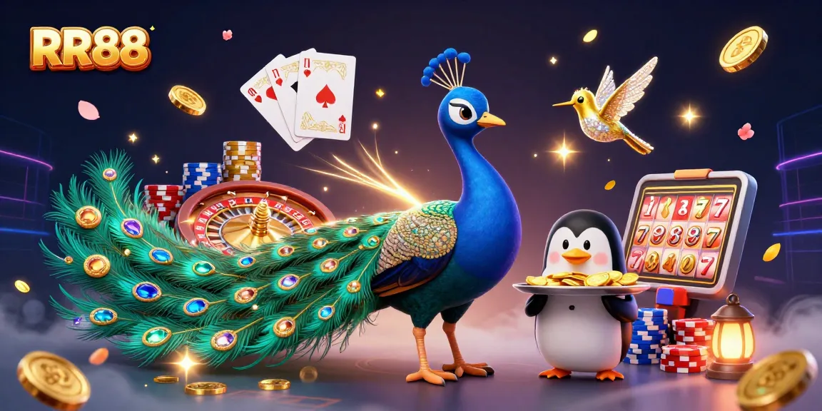 Join RR88 in a vibrant casino scene featuring a peacock, penguin, and hummingbird celebrating with gold chips and slots.