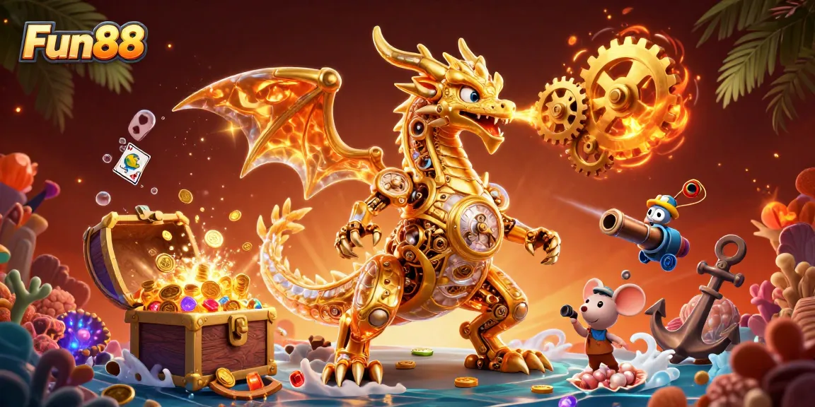 Fun88 showcases a golden dragon and vibrant casino elements in an engaging underwater scene.