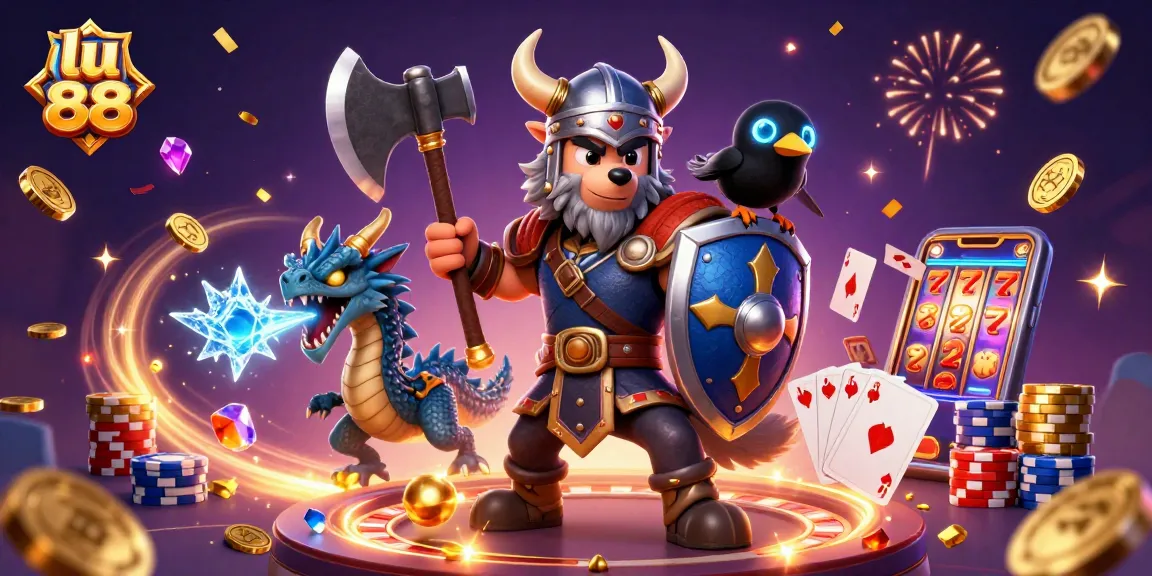 Win big with lu 88 and engaging characters in a vibrant 3D casino scene.