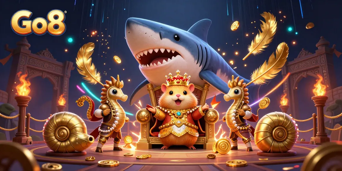 Experience thrilling gameplay at Go8, featuring a golden hamster king and vibrant casino elements!