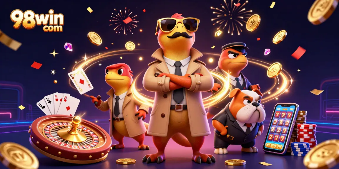 Experience the excitement of 98win com with raptors in casino scene surrounded by coins and cards.